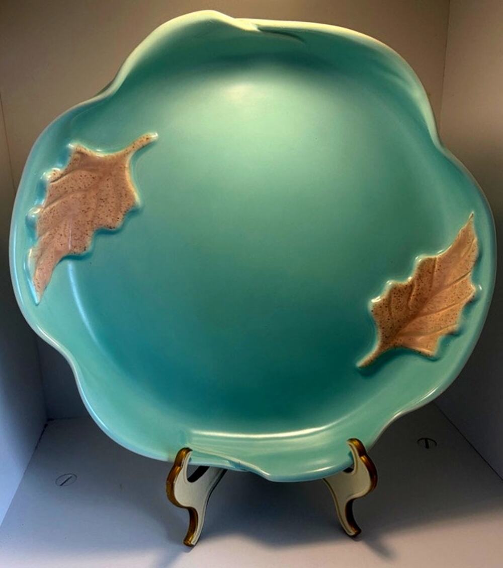 VTG California Pottery 288 Cabbage Edge Leaf Aqua Glaze Platter